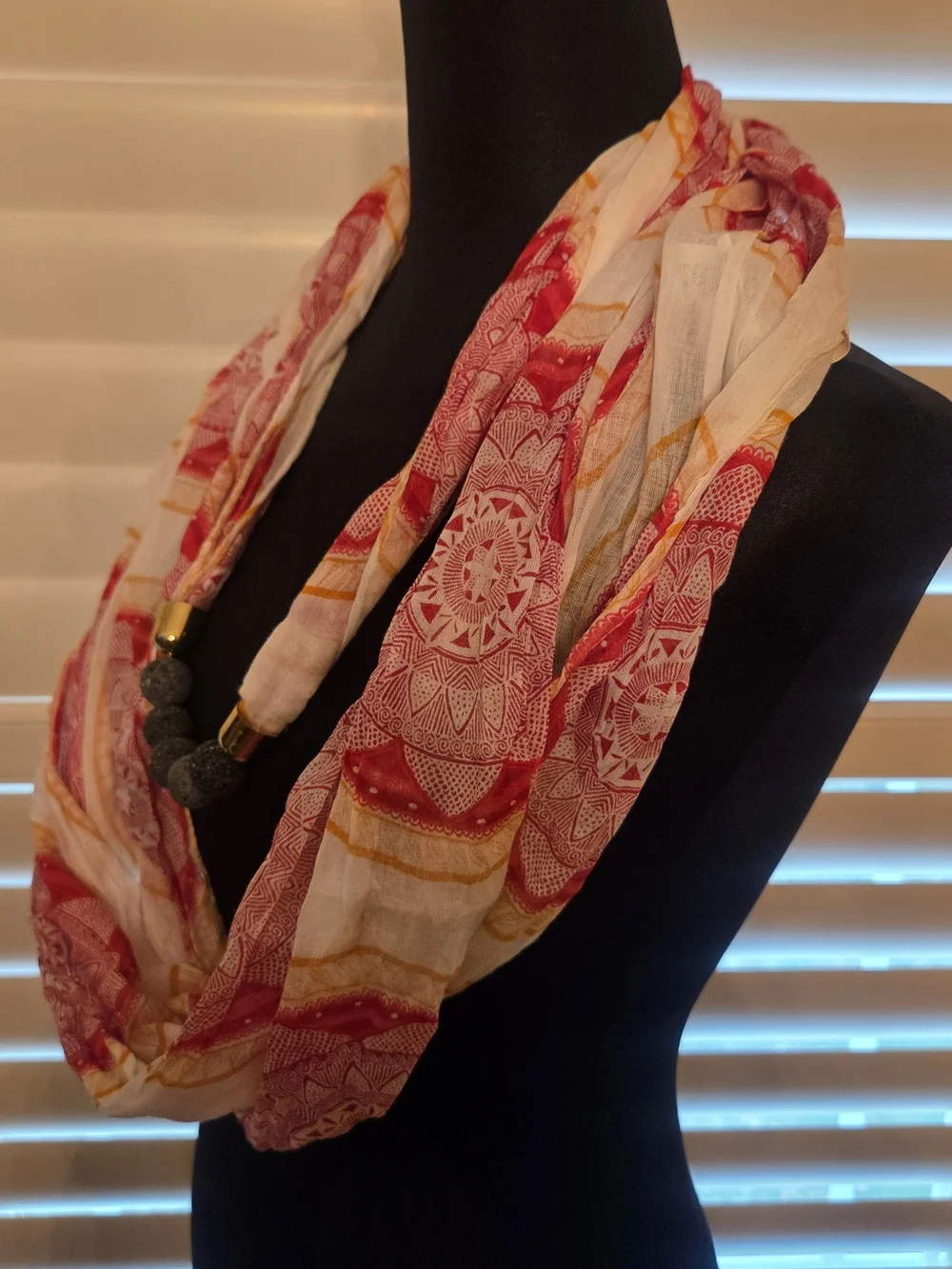 Doterra Red and Cream Infinity Scarf with Beaded Necklace Accent